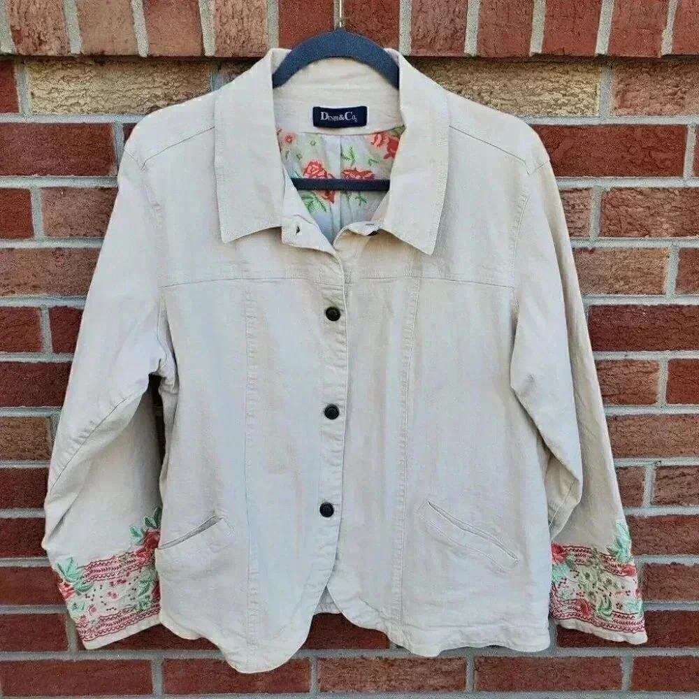 Denim & Co. Embroidered Beige Casual Women's Jacket Size Large (see notes)